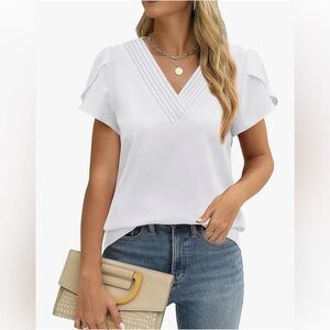 🎤🎉 Fayenne V Neck Ruffle Short Sleeve Blouse Sz L